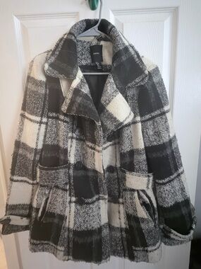 Forever 21 Black & White Plaid Double-Breasted Peacoat